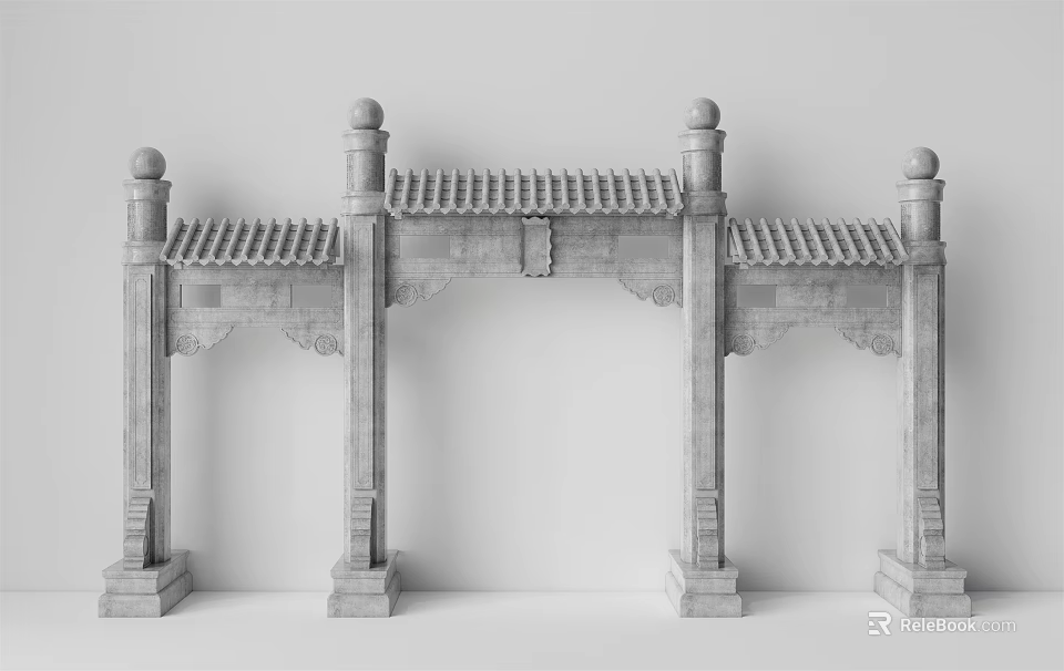 Traditional Chinese Memorial Archway with Stone Carved Details and Classic Roof Design 3d model 