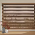 Brown Wooden Window Blinds In Interior Home With Vase And Picture Frame On Sill