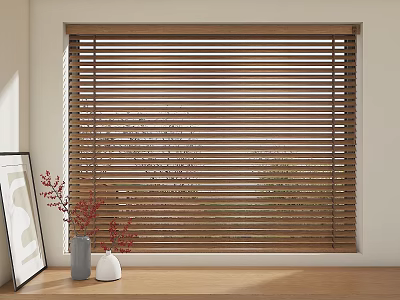 Brown Wooden Window Blinds In Interior Home With Vase And Picture Frame On Sill 3d model