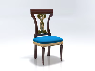 Single Chair With Dark Wooden Backrest Golden Carving Blue Cushioned Seat And Vintage Style 3d model