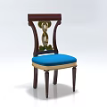 Single Chair With Dark Wooden Backrest Golden Carving Blue Cushioned Seat And Vintage Style