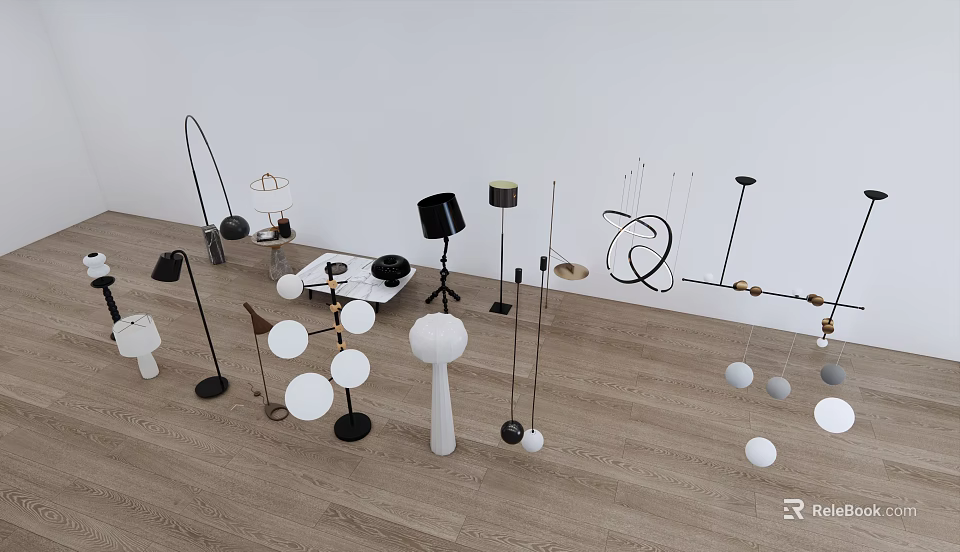 Modern Minimalist Lighting Set Featuring Floor Lamps Pendant Lights And Table Lamps 3d model 