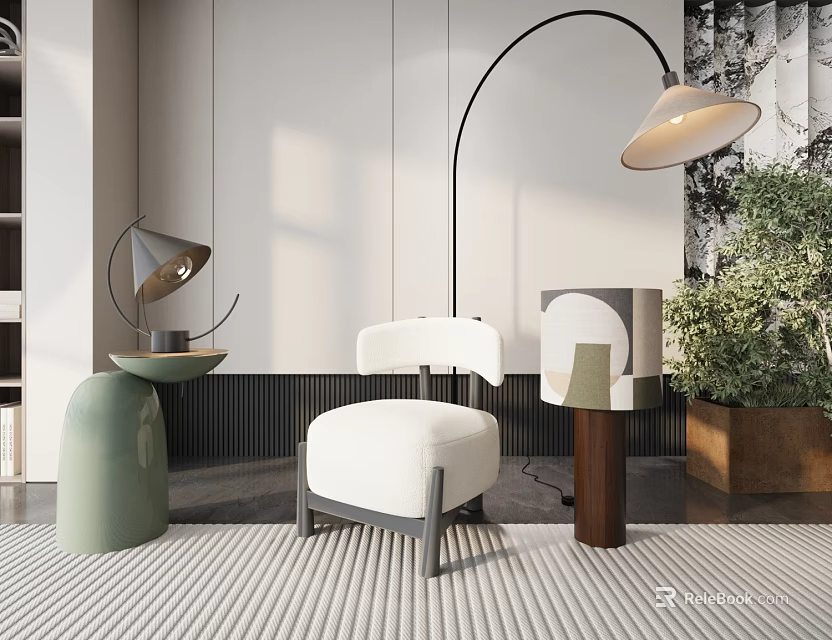 Modern White Single Sofa With Floor Lamp Green Plant And Striped Rug 3d model