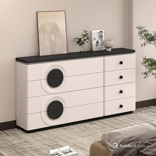 Modern White Dresser with Black Top Circular Front Design Featuring Decorative Items in Living Room 3d model 