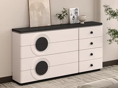 Modern White Dresser with Black Top Circular Front Design Featuring Decorative Items in Living Room 3d model