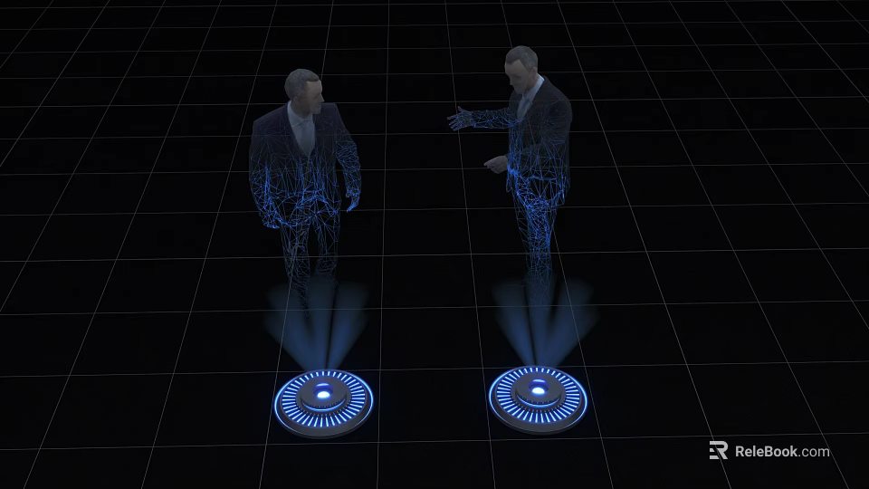 Two Men in Suits with Blue Digital Lines on Glowing Circular Platforms Black Grid Background 3d model 