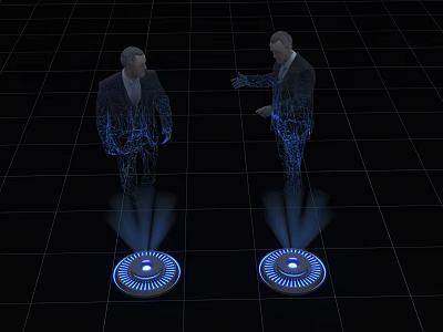 Two Men in Suits with Blue Digital Lines on Glowing Circular Platforms Black Grid Background 3d model