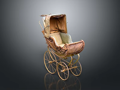 Vintage Baby Carriage With Classic Design Golden Wheels And Soft Fabric Upholstery 3d model