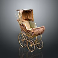 Vintage Baby Carriage With Classic Design Golden Wheels And Soft Fabric Upholstery