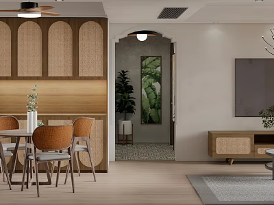 Modern Dining Living Room Interior With Wooden Rattan Decor Round Table And Green Plant 3d model