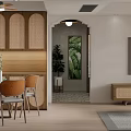 Modern Dining Living Room Interior With Wooden Rattan Decor Round Table And Green Plant