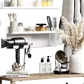 Organized Bathroom Shelves With Daily Washing Essentials Towels Hairdryer Mirror And Plants