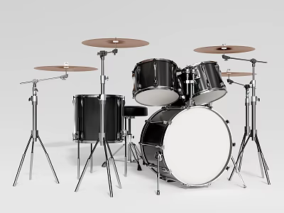 Professional Black Drum Set With Multiple Drums Cymbals And Stands On White Background 3d model