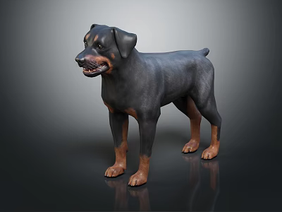 Rottweiler Dog With Black Tan Coat Standing On Reflective Floor Realistic 3D Rendering 3d model