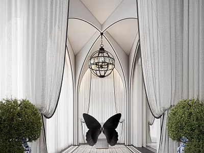 Elegant Restaurant Interior With White Curtains Arched Structures Chandelier Butterfly Shaped Seats And Green Plants 3d model