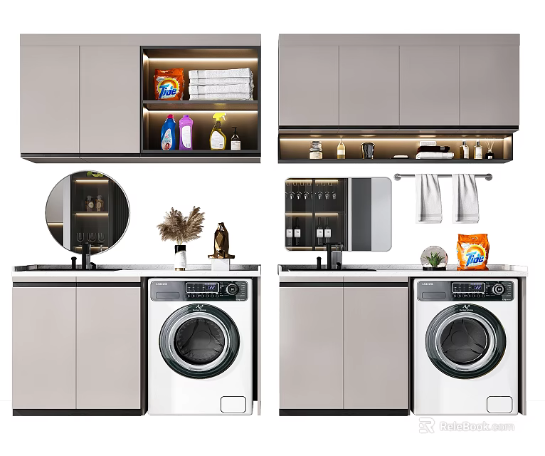 Modern Bathroom Cabinet with Washing Machine Mirror Storage Shelves and Toiletries 3d model 