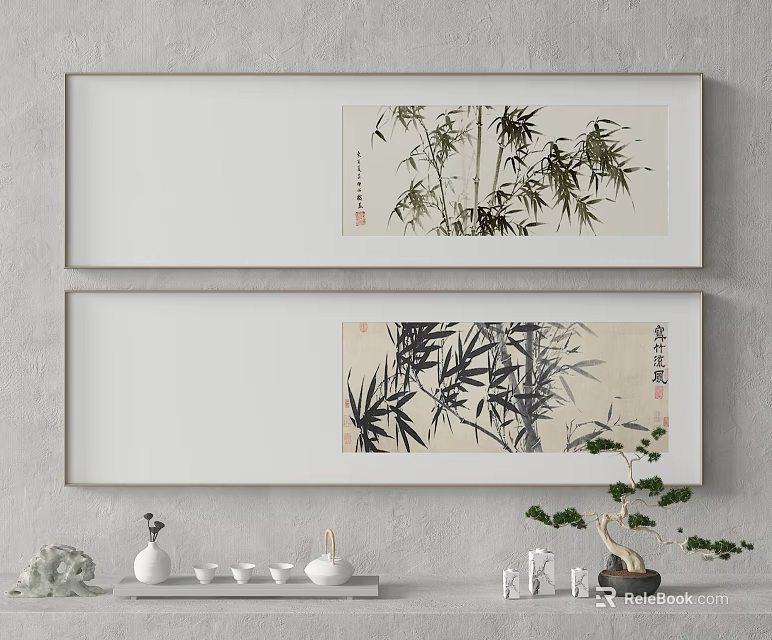 Bamboo Plant Paintings in Scroll Frames for Home Wall Decor 3d model