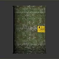 Green Rusty Metal Drum With Yellow Hazardous Waste Label On Dark Surface