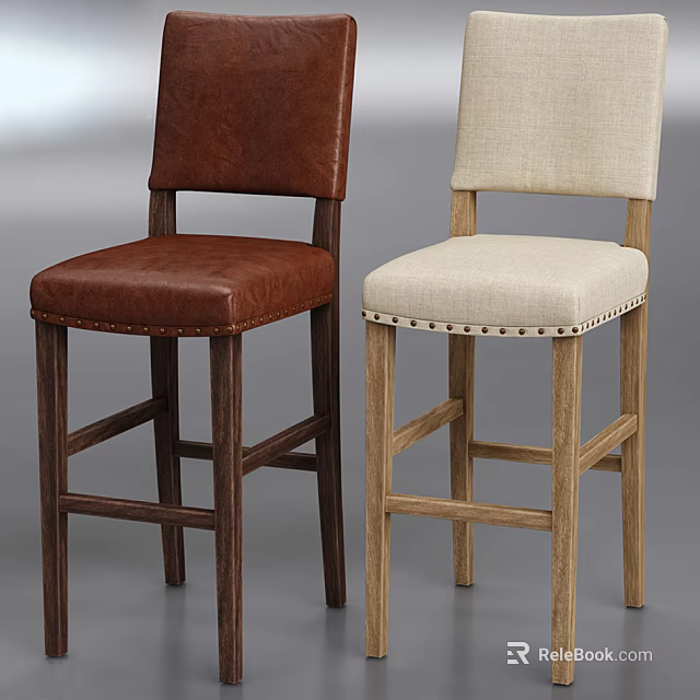 Stylish Modern Bar Stools Featuring Brown Leather And Beige Fabric Seats With Wooden Frames 3d model 