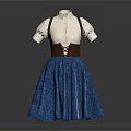 Fashionable Women's Dress With White Short Sleeved Top Brown Suspenders And Blue Flared Skirt