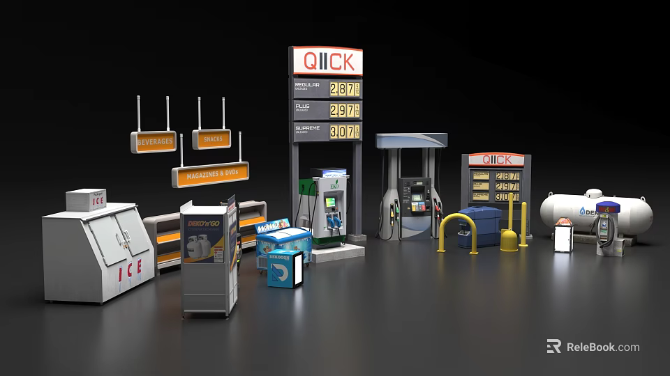 24 Hour Open Gas Station Facilities With Quick Sign Fuel Pumps And Convenience Store 3d model 