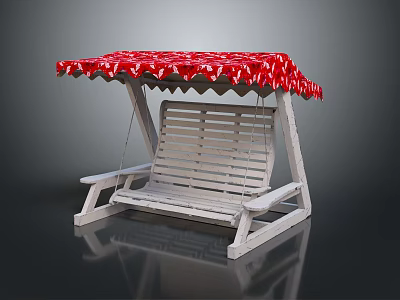 Wooden Outdoor Swing Chair with Red Canopy and White Patterns Leisure Design 3d model