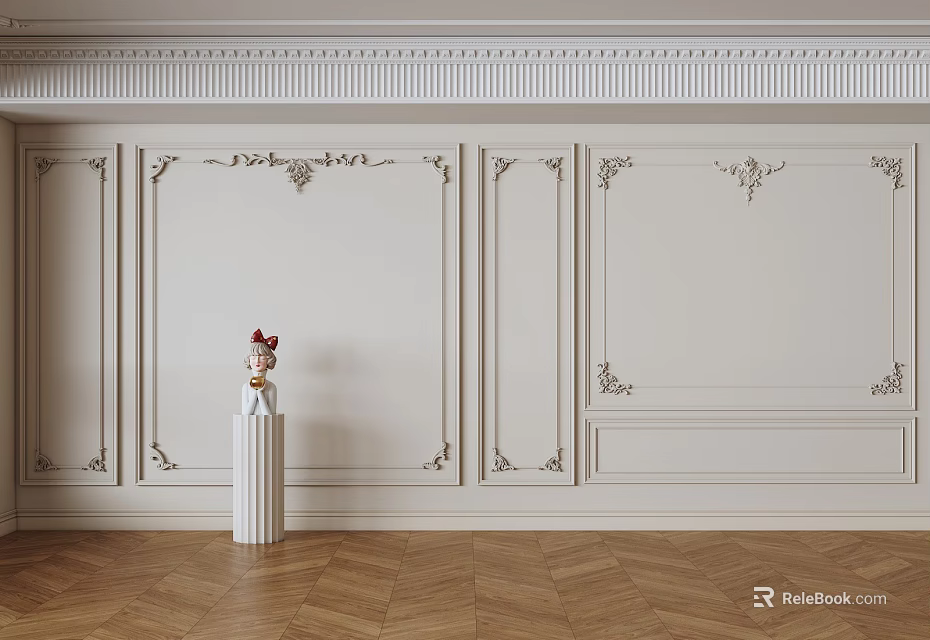 Elegant Interior Wall Design With Decorative Gypsum Moldings And Herringbone Wooden Floor 3d model 