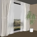 Beige Curtains With White Sheer By Window Offering Scenic Outdoor View Alongside Green Potted Plant