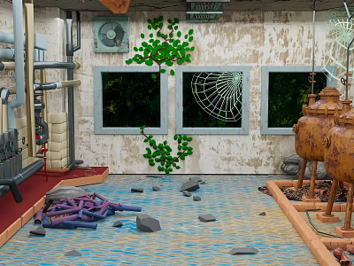 Industrial Indoor Scene With Rusted Metal Tanks Broken Windows Green Plants And Water Floor 3d model