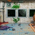 Industrial Indoor Scene With Rusted Metal Tanks Broken Windows Green Plants And Water Floor