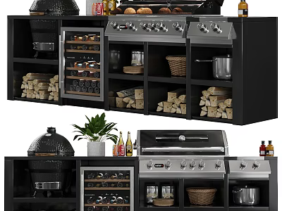 Modern Outdoor Kitchen Cooking Station With Grill Wine Cooler Firewood Pot Basket And Storage 3d model