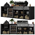Modern Outdoor Kitchen Cooking Station With Grill Wine Cooler Firewood Pot Basket And Storage
