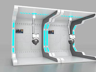 Futuristic Tech Room Interior With White Walls Blue Glowing Lines And Control Panels 3d model