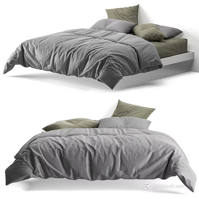Modern Double Bed with Soft Gray Duvet and Green Decorative Pillows 3d model 