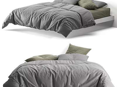 Modern Double Bed with Soft Gray Duvet and Green Decorative Pillows 3d model