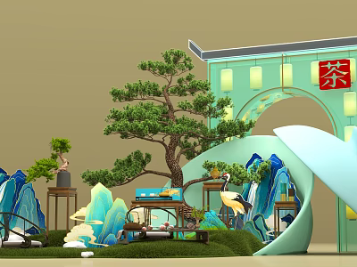 Traditional Chinese Tea Setting With Pine Tree Lanterns Archway And Mountain Elements 3d model