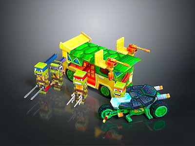 Colorful Building Block Characters And Turtle Creature With Bus Structure And Accessories 3d model