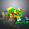 Colorful Building Block Characters And Turtle Creature With Bus Structure And Accessories