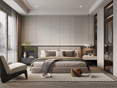 Modern Bedroom Interior With Large Bed Gray Headboard Floor to Ceiling Windows And Green Plant 3d model