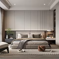 Modern Bedroom Interior With Large Bed Gray Headboard Floor to Ceiling Windows And Green Plant