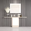 Modern Console Table With Marble Top Dark Vertical Striped Wall And Decorative Items