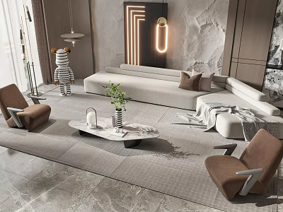 Modern Living Room White Sofa Coffee Table Set with Brown Accent Chairs and Green Plant 3d model