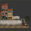 Colorful Red and Orange Buildings Model with Archway Stone Pathway and Trees