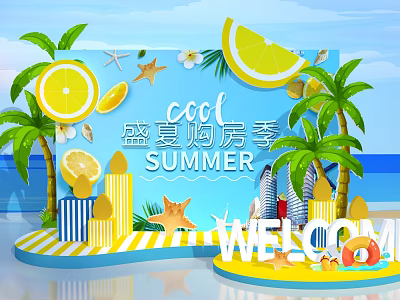 Summer Home Buying Season Welcome Display With Lemon Slices Palm Trees And Starfish 3d model