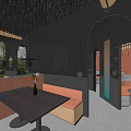 Modern Restaurant Interior Featuring Arched Doorways Circular Windows Black Walls Dining Tables And Green Plants