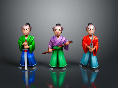 Three Traditional Warrior Figures With Colorful Costumes Holding Swords And Traditional Attire 3d model
