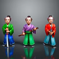 Three Traditional Warrior Figures With Colorful Costumes Holding Swords And Traditional Attire