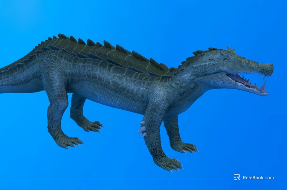 Crocodile Like Aquatic Reptile With Scaly Body Open Mouth And Sharp Teeth On Blue Background 3d model 