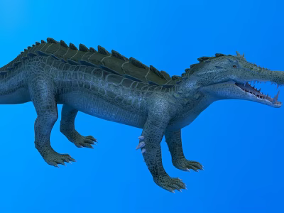 Crocodile Like Aquatic Reptile With Scaly Body Open Mouth And Sharp Teeth On Blue Background 3d model