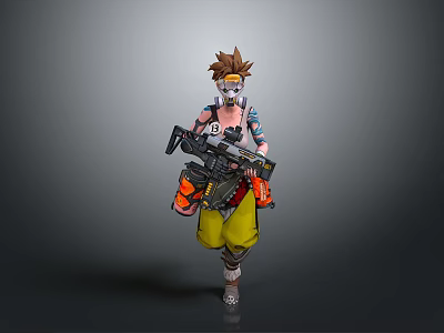 Futuristic Game Character With Brown Spiky Hair Goggles Tattoos Yellow Pants Carrying Large Weapon 3d model
